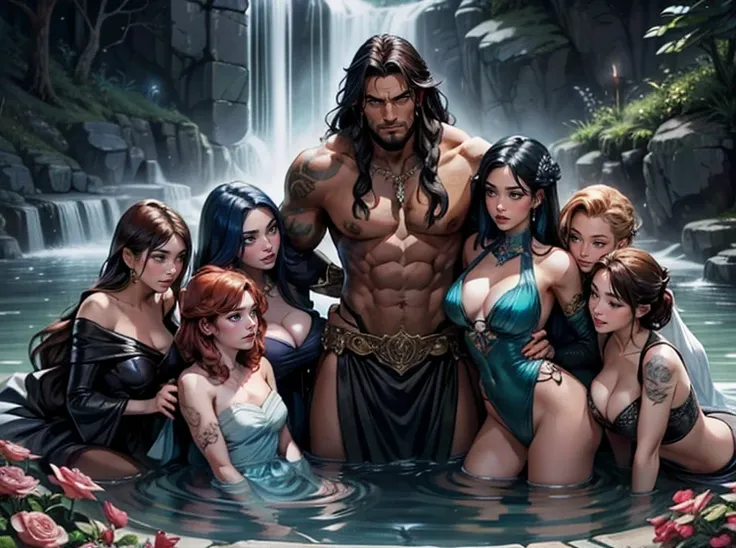 One Handsome short-haired tall huge barbarian beefy muscular Chad in center-of-composition hugging five beautiful bitches tackling him and touching him and feeling him and snuggling him,  dressed like goth punk witches princesses, perfect bodies, women: ve...