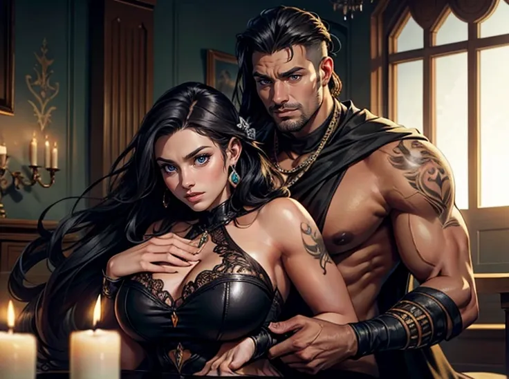 One Handsome short-haired tall huge barbarian beefy muscular Chad in center-of-composition hugging five beautiful bitches tackling him and touching him and feeling him and snuggling him,  dressed like goth punk witches princesses, perfect bodies, women: ve...