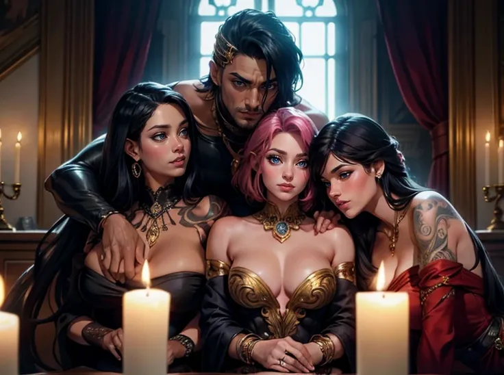 One Handsome short-haired tall huge barbarian beefy muscular Chad in center-of-composition hugging five beautiful bitches tackling him and touching him and feeling him and snuggling him,  dressed like goth punk witches princesses, perfect bodies, women: ve...