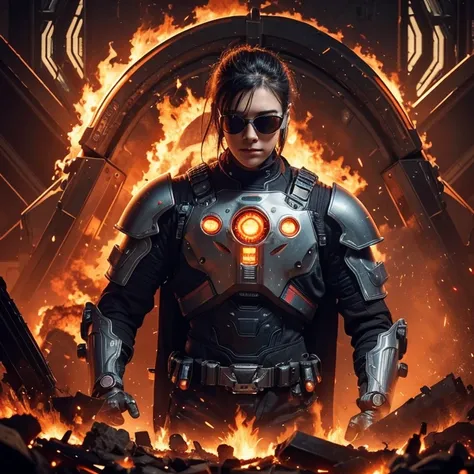 a close up of a robot in a building with a sunglasses  on, cyberpunk flame suit, cyberpunk armor, cyberpunk suit, sci - fi suit, intricate cyberpunk armor, cybernetic fire armor, apex legends armor, cyber suit, cybernetic flame armor, clothed in sci-fi mil...