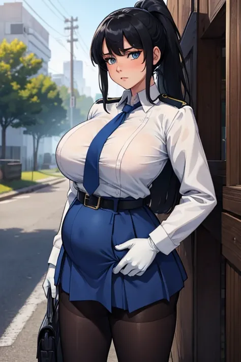 Best Quality, hight resolution, AOI1, 1girl in, Solo, folded ponytail, Blue eyes, Skirt, neck tie, White Gloves, Police Uniform, Belt bag, Black pantyhose, Jacket, arm band, huge breasts, Cowboy Shot, Standing, Rape with seeds, Outdoors, be molested(Forced...