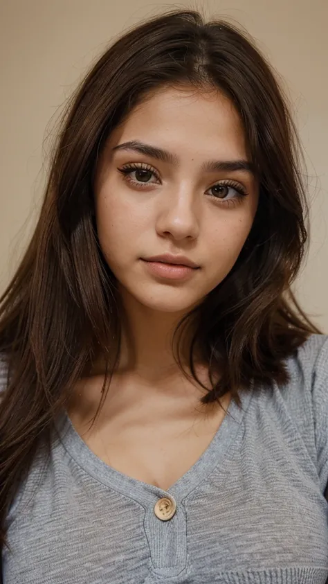 20 year old woman, atractiva, latina, ojos grandes color aceituna, long brown hair, labios delgados, nariz bonita, cara cuadrada, muy bonita, con apariencia femenina