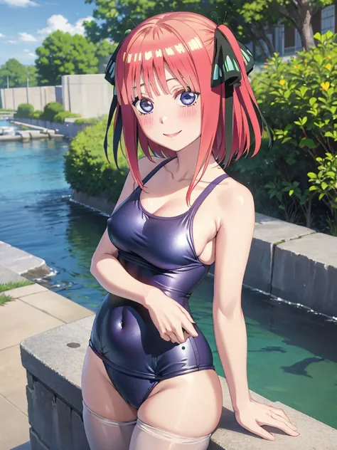 best quality, ultra-detailed masterpiece, nino nakano, one-piece swimsuit, breasts, pantyhose, blush, smile, terrace, river