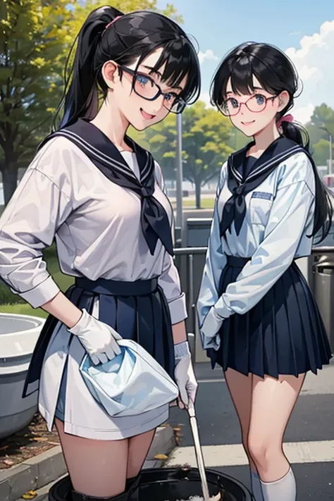 Two high school girls with glasses and black hair tied up in a ponytail, wearing navy blue long-sleeved and long-skirted sailor uniforms, wearing white rubber boots and large pink rubber gloves, smiling as they clean a dirty public toilet in a park