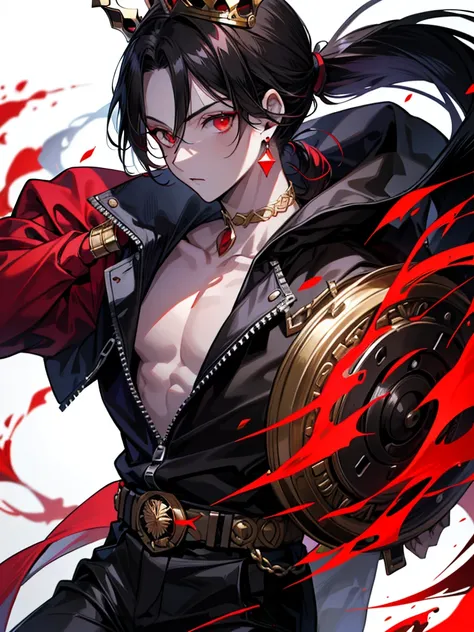 High quality,cool, man,Black hair ponytail,Red eyes,king,king,Crown ,Prince,