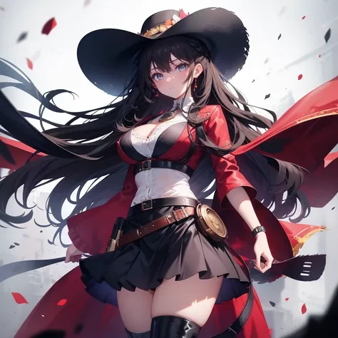 1 cowgirl. She has long, curly, brunette hair tied in a French braid. She has on a large cowboy hat and is wearing boots. She has flowers in her hair. She is busty and attractive. Big Iron revolver on her hip. Gun holster. Revealing black clothing. New Mex...