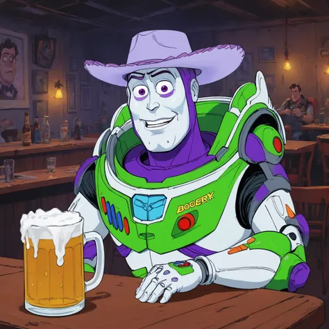 A rotoscoped hand animated cel of a screengrab of buzz lightyear, haggard, seen better days, washed up, drinking an amber beer from a frosty glass mug somberly alone at a dive bar. The scene is set in a dilapidated run down night club, and the image convey...