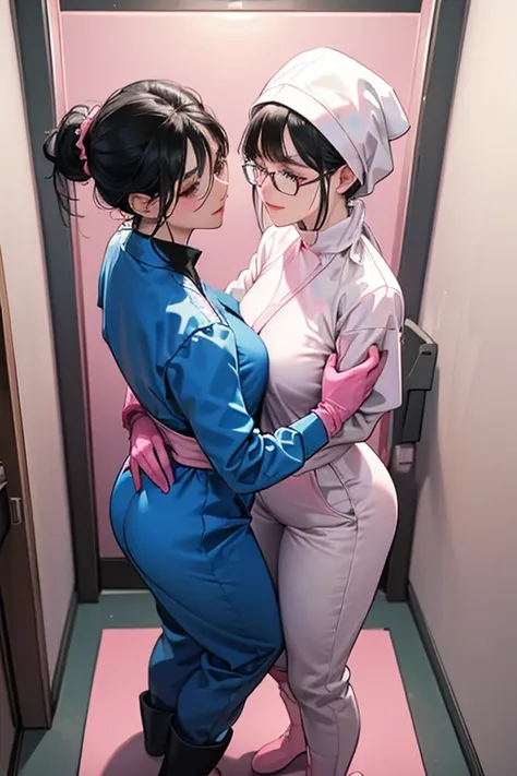 Wearing large pink rubber gloves, white rubber boots and a white cloth wrapped around her head、Two mature women with glasses and black hair tied up in blue long sleeve jumpsuits making love in a dirty public toilet in a park