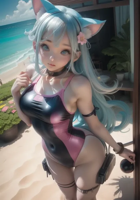 girl、、Pink High Leg、One piece swimsuit、whole body。blue eyes、Gray Hair、、Seductive pose、front、garden、Beach、