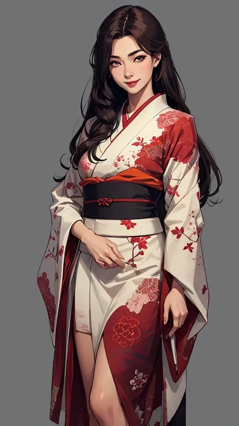 Standing posture、True Face、From the knee up、Underexposed eyes、Dark colored hair、long hair、sex appeal、glossy、Japanese、Kimono Beauty、Japan Warlords、warrior、Simple、smile、Demure、Quiet、Height: 165cm、Heavy makeup、40 years old、Mature Woman、An illustration