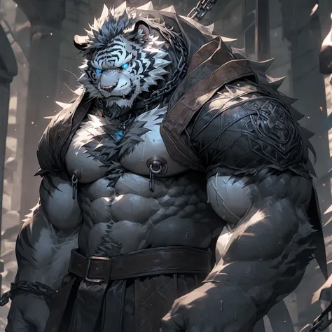 sweaty, muscular, shirtless, dark castle, anthropomorphic chest hair, serious face（scar on face） mature （blue eyes）huge muscular...