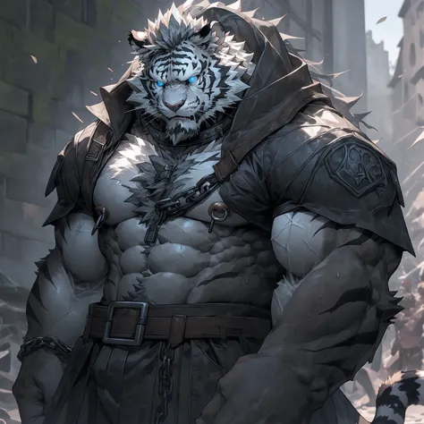 Sweaty, muscular, shirtless, dark castle, anthropomorphic chest hair, serious face（Scar on face） Mature （Blue eyes）Huge muscular torn abs wild wearing nipple rings and collars prisoner collars linked to chains and buckles ambitious black tiger