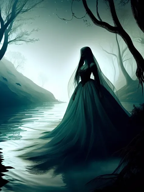 Ghostly woman dressed in scary white floating on a river in a forest at night