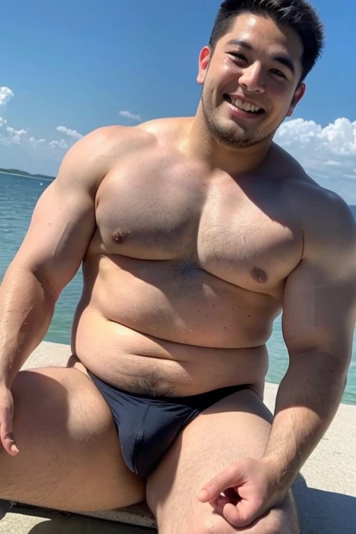 ((highest quality)), ((masterpiece)), (detailed), Perfect Face、Shaved head、Young Japanese、Muscular、Fat body、Big guy、smile、white small swimsuit、Emphasize the chest、Highlights very thick thighs、Thick arms、Thick neck、Fat face、naked、have power、Sitting with leg...