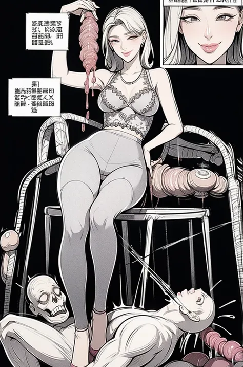 The beautiful girl in lace top and leggings is sitting astride a pile of skeletons in the center of the picture. She is holding a trembling sausage with juice squeezed out in her hand and smiling. There are multiple comic storyboards in the background，cbt,...