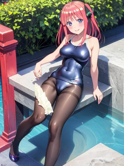 best quality, ultra-detailed masterpiece, nino nakano, one-piece swimsuit, breasts, pantyhose, blush, smile, terrace, in the chapel