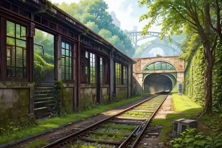 Watercolor style, highest quality, Abandoned railway line, Single Track, Dilapidated station building, Ivy, Moss, countryside, tunnel