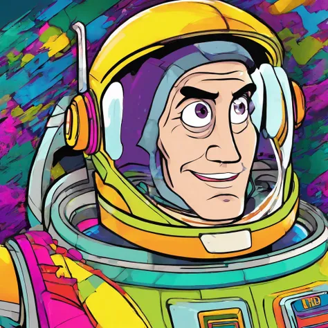 Highly detailed and colorful pop art portrait of Buzz Lightyear、vivid neon colors、Inspired by Andy Warhol、Surreal、4k、8k、Photorealistic、masterpiece、Intricate details、Sharp focus、Studio Lighting、Bright colors、Dynamic configuration、Bold graphic style、Striking...