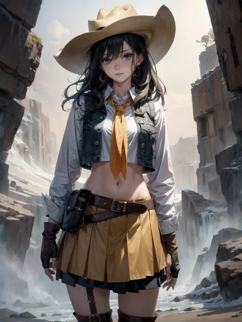 cowgirl costume, vest, cowboy hat, fingerless gloves, midriff, neckerchief, short skirt, holster, absurdres, RAW photo, extremely delicate and beautiful, masterpiece, Best Quality, ultra high resolution, 32k, hyperrealistic, ultra-detailed, perfect figure,...