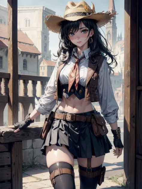 cowgirl costume, vest, cowboy hat, fingerless gloves, midriff, neckerchief, short skirt, holster, absurdres, RAW photo, extremely delicate and beautiful, masterpiece, Best Quality, ultra high resolution, 32k, hyperrealistic, ultra-detailed, perfect figure,...