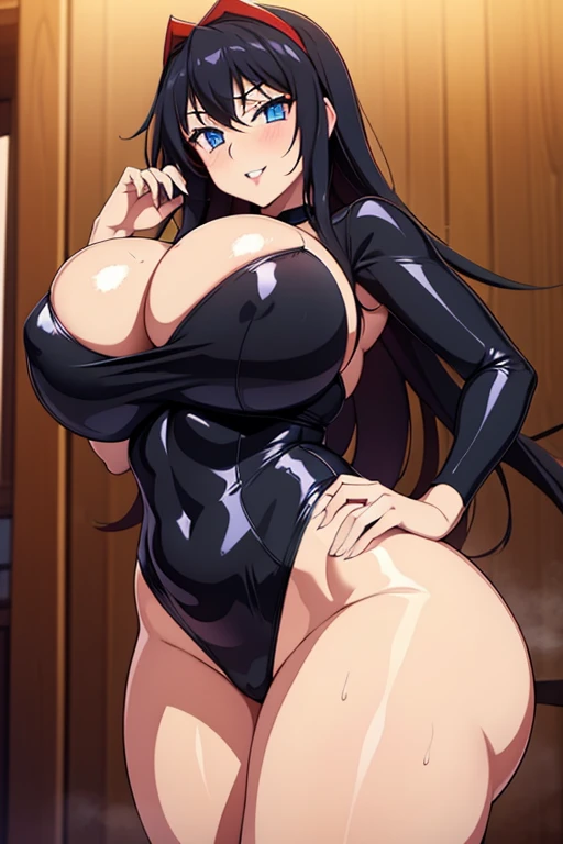 High resolution, Highschool Dxd, Rias Gremory, 1girl, ((bimbo))), long black hair, blue eyes, erotic smile face, sexy face, puffy lips, painted lips, thick lips, wide hips, thick thighs, thick hourglass figure, busty, enormous Natural breasts, shiny skin, ...