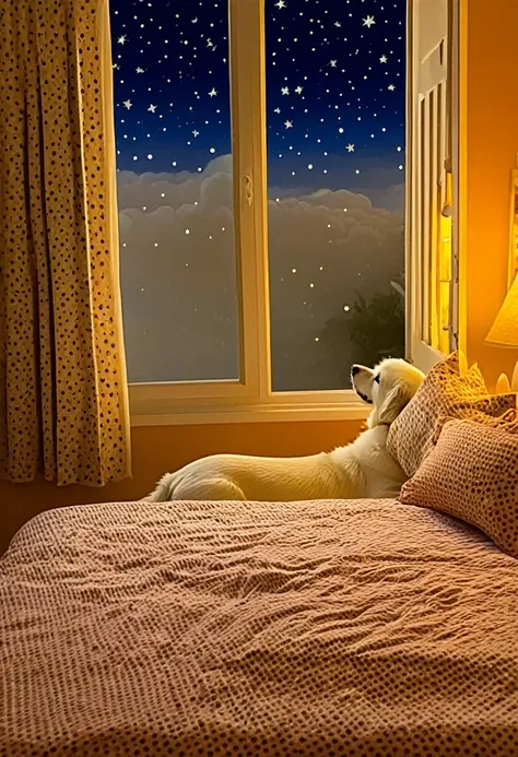 Rear view of a white dog, Clear Night, Bedroom view, Bedtime, relaxed mood
,kids book, KidsRedmAF,
 