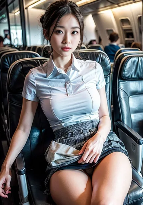 (8k, highest quality, masterpiece: 1.2), (Realistic, Realistic: 1.2),　Beautiful Japanese 20 year old woman, Tight waist, Thin thighs, detailed: (非常にdetailedな: 1.3), ((stewardess costume)), Updo short hair, ((Wearing a mini skirt)), Slim and perfect style. ...