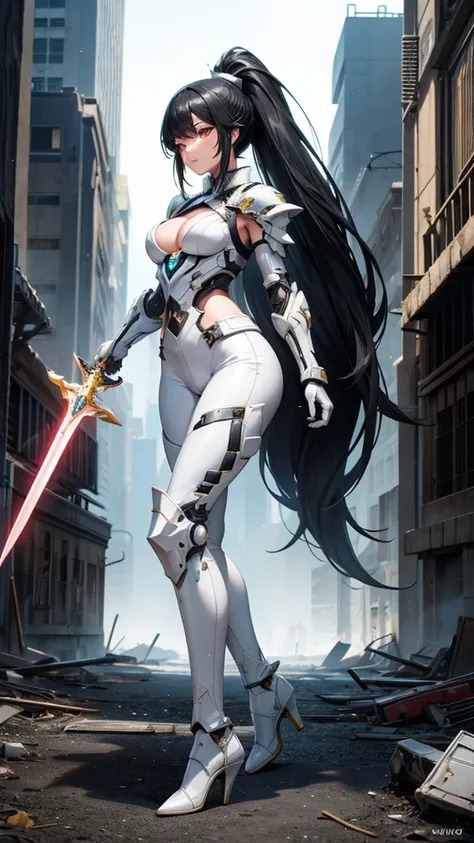 long black hair woman, Ponytail, Chest, cleavage, White leggings, White sci-fi fluorescent armor, High heel,whole body， knight sword, apocalyptic ruined city