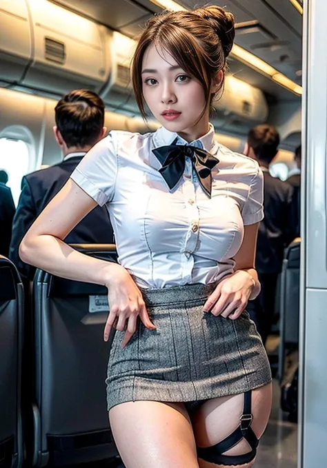 (8k, highest quality, masterpiece: 1.2), (Realistic, Realistic: 1.2),　Beautiful Japanese 20 year old woman, Tight waist, Thin thighs, detailed: (非常にdetailedな: 1.3), ((stewardess costume)), Updo short hair, ((Wearing a mini skirt)), Slim and perfect style. ...