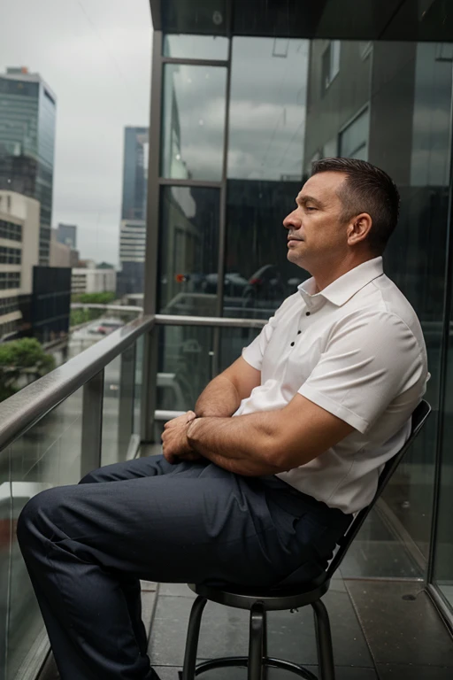 A middle-aged man in work clothes sits and watches the rain fall on a tall building.