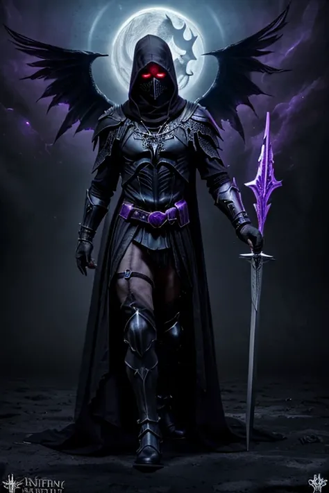 ((dark fantasy:1.4)),(full body:1.3). Male. Hooded shadow wraith in black battle armor, black skull face, glowing violet eyes, cross pendant. brandishing black great sword in purple flames. With his raven companion, masterpiece.