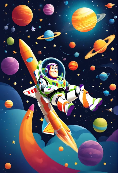 Vector illustration:vector illustration,toy story,Buzz Lightyear traveling through space,POP outer space background,rocket,stars and planets,cartoon,Highest quality,masterpiece, Adobe Illustrator,draw with thick lines,,cute,pop,,Cast colorful spells,Nice b...