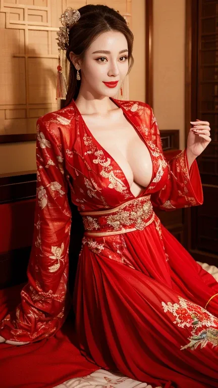 (Hyper-realistic 8K CG: 1.2), Perfect work of art, Exquisite patterns, Intricate details, (An unrivalled masterpiece, best quality: 1.2), (Extremely complex: 1.2), woman in red and gold dress, ((dark brown hair, Big tits:1.2 )), (Low-cut，Deep V),Phoenix Co...