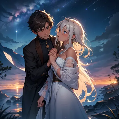 In the backdrop, an expanse of night sky shimmered with specks of twinkling stars, forming a breathtaking landscape. A young couple, both of them radiant, stood captivated in this heavenly panorama. The young man, with a deep, rich brown skin tone, held th...