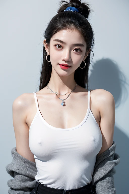 (Extra detailed body、The face is rich in detail、Best quality:1.2)、woman、looking at the audience、Full body model，(quirky fashion、Large shoulder-length piercing、A necklace、Clothes with strong contrast of gray, blue, white and black、Asymmetry)、(Contrasting wh...