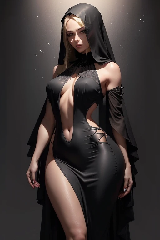 A blonde woman, with an death face, goddess-like figure dressed in a black dress with a veil, resembling death, small shoulders, slim waist, wide hips, thick legs, detailed clothing, detailed body, detailed face