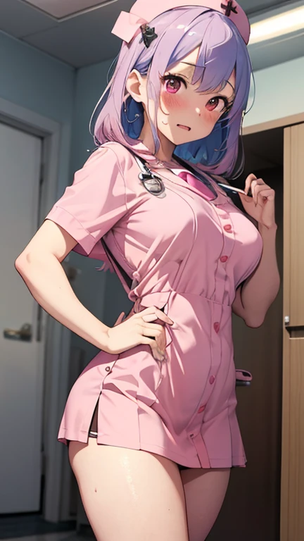 mastute piece,Best Quality,insanely detailed,8k cg,nsfw,
shoot upper body,(body in front:1.1),
1girl,standing,looking at viewer,Proudly、(upright:1.3),(pink-nurse-costume,miniskirt,nurse cap),
break,blush,shy,(trembling:1.2),break,(Blue Hair),(large breasts...