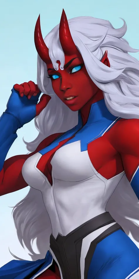 woman in her 20s (perfect face), defined jawline, beautiful lips (beautiful bright blue eyes) (long wavy bouncy silver hair) (RED skin:1.3) (perfect anatomy) (athletic body) (sexy) (perfect hands) (oni horns) (white futuristic sleeveless body suit, RED acc...