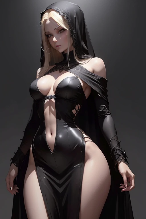 A blonde woman, with an death face, goddess-like figure dressed in a black bodycon tight dress with a veil, resembling death, small shoulders, slim waist, wide hips, thick legs, detailed clothing, detailed body, detailed face