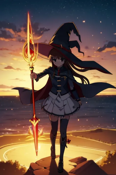 nanoha、uniform、skirt、long hair、cape、(((witch hat)))、(((magic wand)))、in the sky、fire magic、red magic circle、flaming sword、sea of...