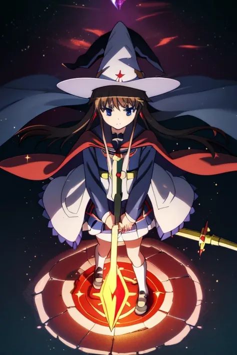 nanoha、uniform、skirt、Long Hair、Cape、(((Witch Hat)))、(((Magic wand)))、In the sky、Fire Magic、Red Magic Circle、Flaming Sword、Sea of Fire、anime、(((elementary school studen)))