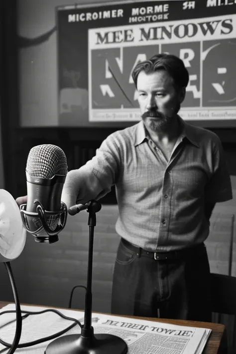 Old newspaper Title podcast presentation "Mr. Norrisom", a microphone on a table, in the background a number 69