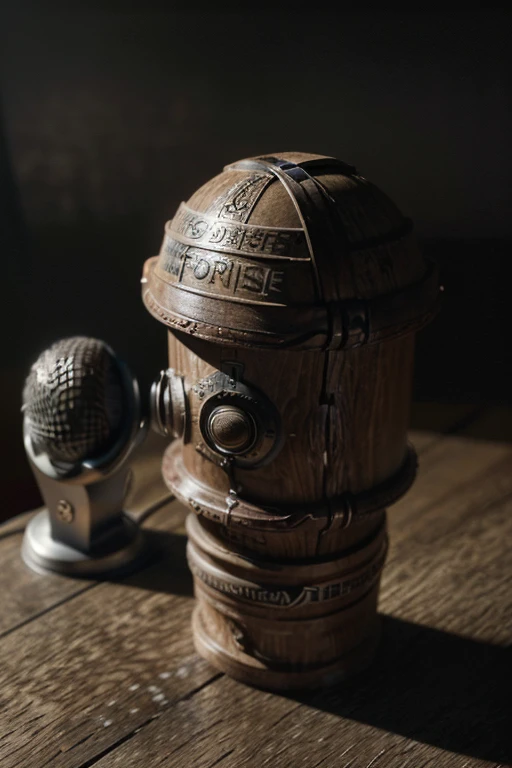 a weathered newspaper headline "Mr. Norrisom", detailed microphone on a wooden table, the number 69 in the background, cinematic lighting, dramatic shadows, muted tones, photorealistic, highly detailed, 8K, professional studio lighting