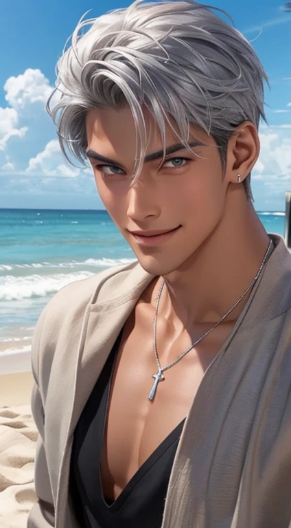 1 boy,Handsome，tall and strong,perfect male figure, eyes looking at camera, ((tanned skin)),beach，silver hair,serious expression,necklace,Ray tracing. Smiling 😊,