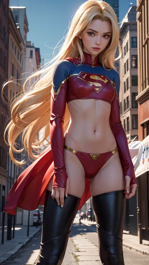 Supergirl volando, semidesnuda, traje iconico sexy espectacular con capa roja, logo de Superman en la capa, very sexy small clothes, guantes rojos adornados, botas rojas adornadas, joven, cuerpo muy delgado, super skynny body, small and beautiful buttocks,...