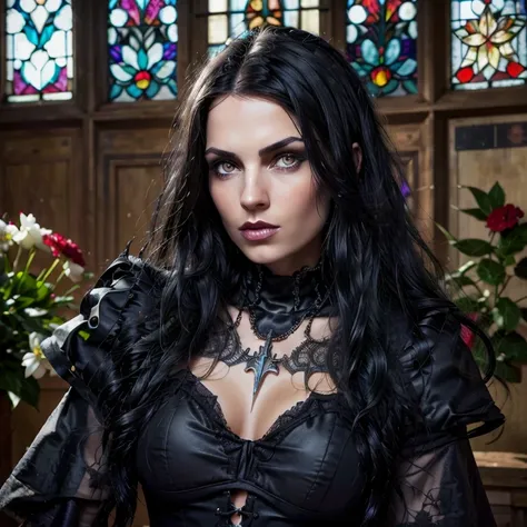 1 european gothic rock woman, female, full body, black hair, hyperrealistic, ultra detailed face and eyes, realistic representat...