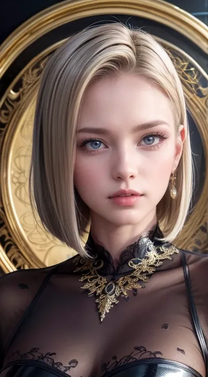 (masterpiece, RAW, 32K, UHD, hyper realistic, best quality), Best Quality, high resolution, and18 (Beautiful face), 1girl in, Android 18, Solo, Blonde hair, Blue eyes, Short hair, earrings, Jewelry, wearing a formal black dress with metal parts, red eyes, ...