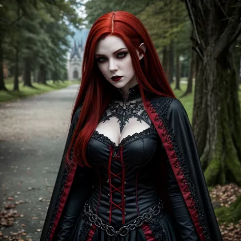 1 female vampire, full body, red hair, hyperrealistic, ultra detailed face and eyes, realistic representation, her clothes are gothic style, you can see a castle