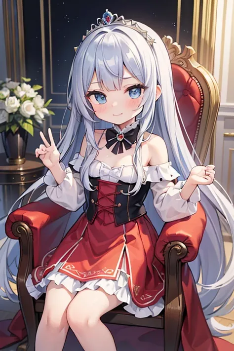 masterpiece, highest quality, Very detailed, 16k, Ultra-high resolution, Perfect Fingers, Detailed face, 15-year-old girl, blue eyes, Silver Hair, Long Hair, smug face, Crimson classic dress, Clothes with puffy shoulders, Super long skirt、Tiara on head、roy...