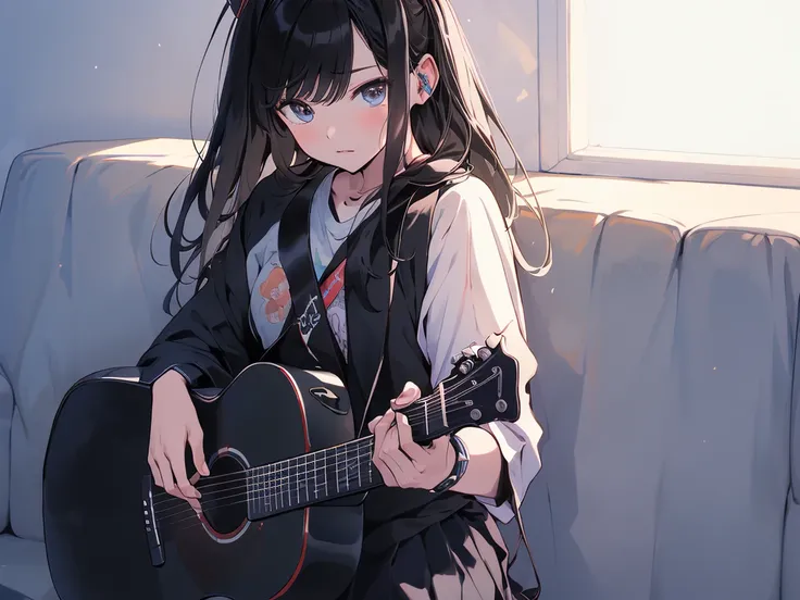 ((masterpiece,best quality)),1girl, solo, black skirt, blue eyes, electric guitar, guitar, headphones, holding, holding plectrum, instrument, long straight hairs, music, one side up, black hair, playing guiter, pleated skirt, black shirt, indoors ,(adult),...